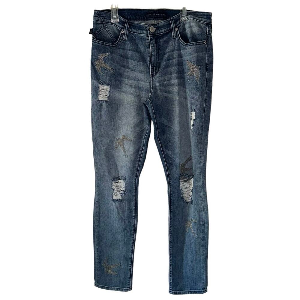 Rock & Republic Berlin Jeans‎ Size 14 Distressed Embellished Birds Skinny Blue